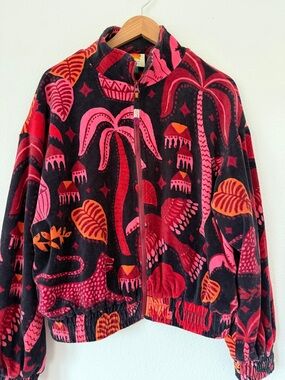 Farm Rio Black Tropical Magic Plush Velvet Bomber Jacket women's size Small
